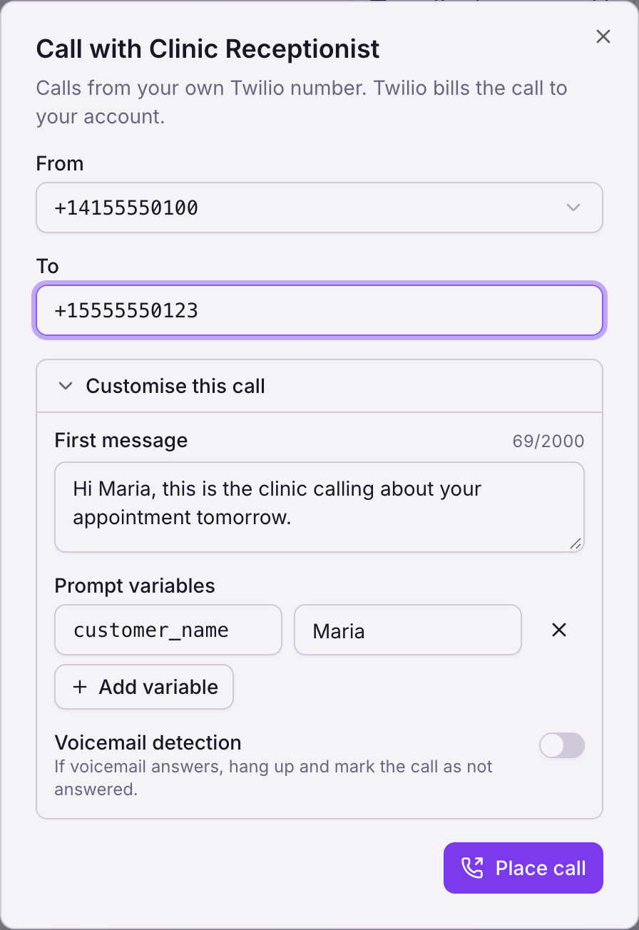 The Call outbound dialog with an imported number under From, a destination under To, and a first message
