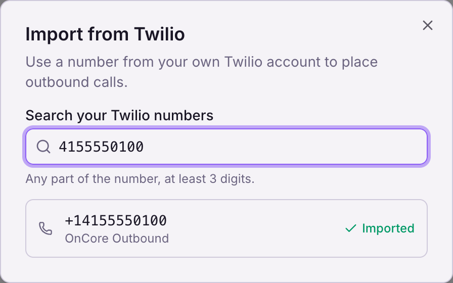 The Import from Twilio dialog: a search for digits on the connected Twilio account returns one number, ready to import