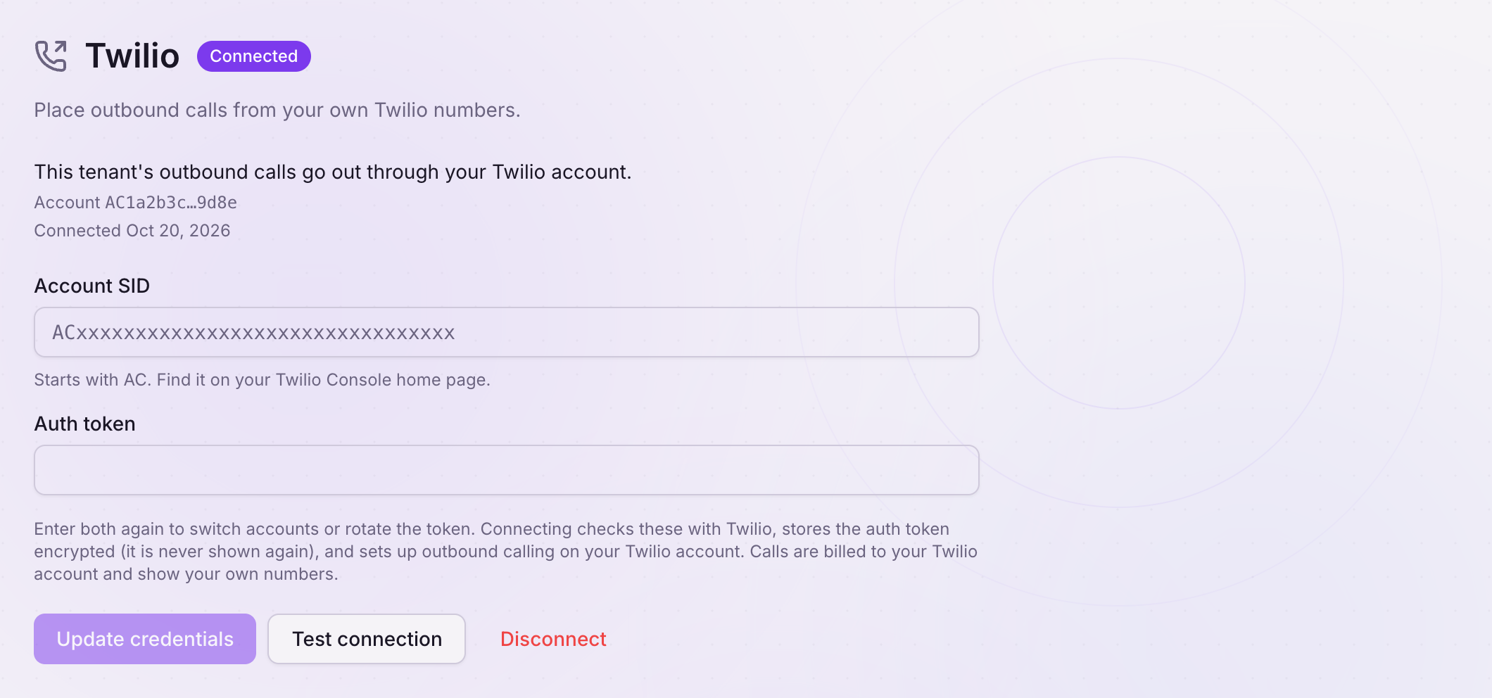 The Twilio integration page in the OnCore dashboard, connected, with the Account SID masked and buttons to test, update and disconnect